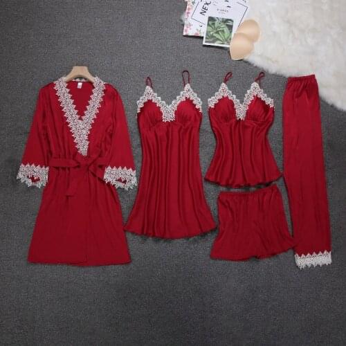 2020 Summer Autumn Spring 5 Pieces Set Silk Elegant Women Pajamas Set Elastic Waist Pants Pyjamas Lounge Sleepwear Set