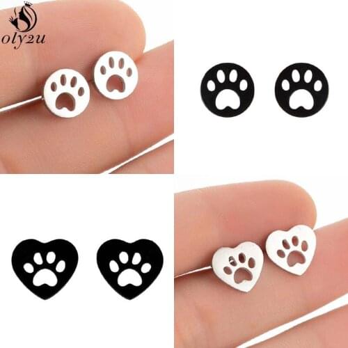 Korean Cartoon Animal Earring for Women Stainless Steel Cat Dog Paw Stud Earrings Black Fashion 2021 Jewelry Children Studs