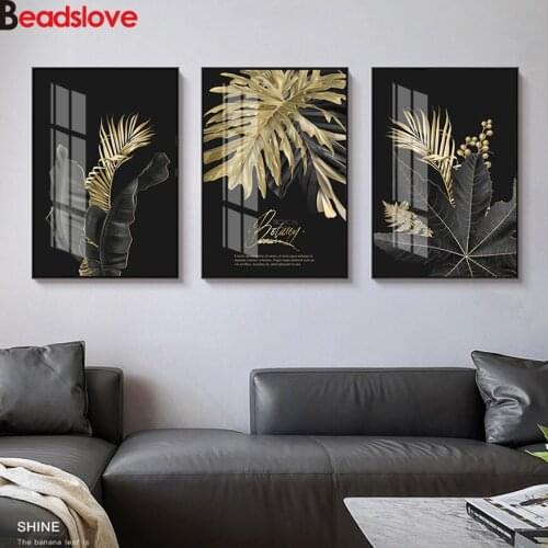 Diy Square round diamond embroidery Abstract Golden Leaf Plant 5D mosaic cross stitch Triptych home decorative diamond painting