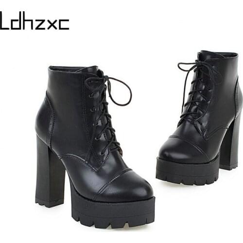 LDHZXC Size 33-43 Fashion Pu Leather Boots Women Thick Sole Motorcycle Boots British Style Winter Platform Ankle Boots