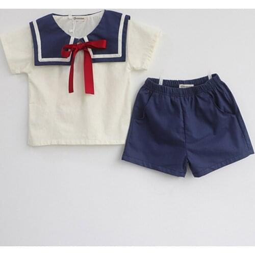 Summer Korean Style Baby Boys Girls Sailor Collar Cotton Linen Clothes Sets T-shirt+Shorts Baby Boys Girls Clothing Suit
