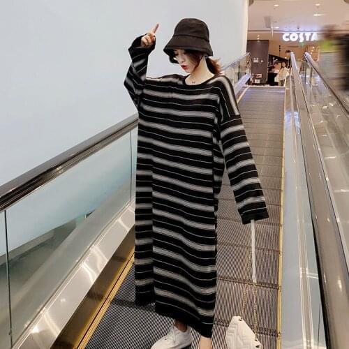 New Style Long Skirt Loose Large Size Striped Casual Skirt Super Long Knitted Dress