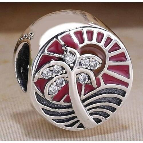 Original Pink & Orange Tropical Sunset With Crystal Beads Fit 925 Sterling Silver Bead Charm Bracelet Bangle DIY Jewelry