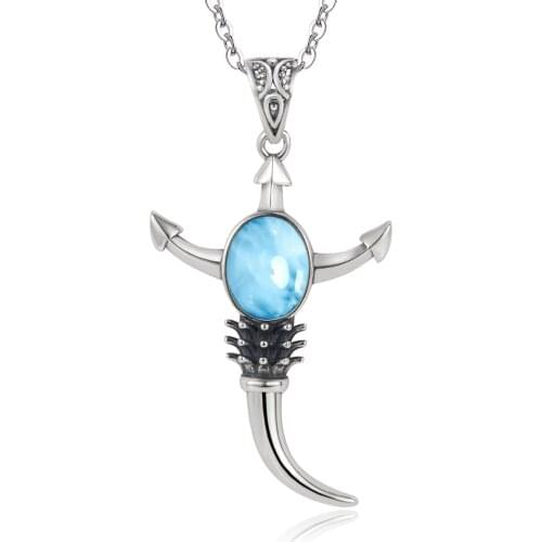 High Quality Antique 925 Sterling Silver Natural Larimar Anchor Pendant Necklace