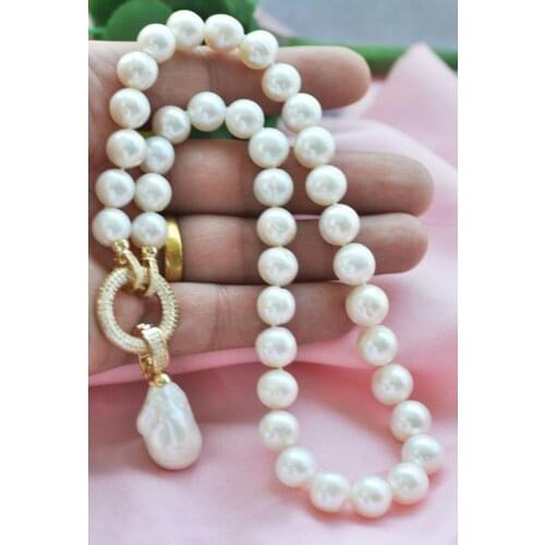 P7101 52cm 12mm White Round & Baroque Keshi Pearl Necklace & Pendant CZ Women Fine Jewelry