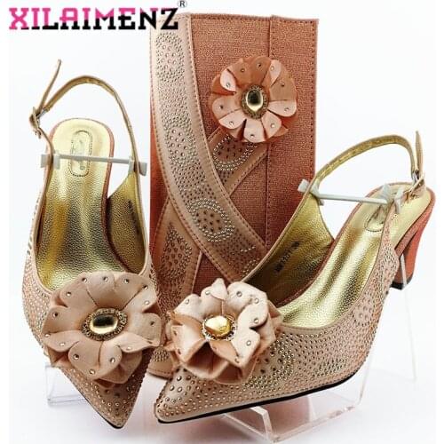 Sexy Ladies Nigerian Shoes With Matching Bags Set African Womens Party Shoes and Bag Sets Peach Color Women High Sandals