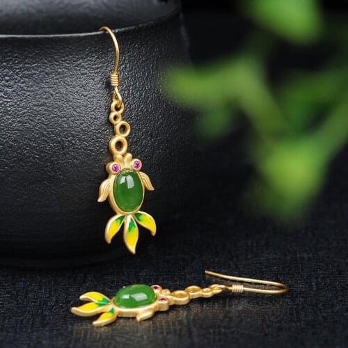 S925 Sterling Silver Natural Hetian Earrings Every Year Goldfish Jasper Womens Fashion Jasper Eardrops Womens Earrings