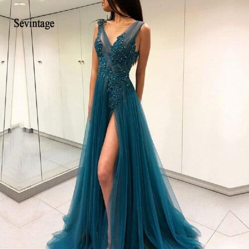Sevintage Robe de soiree Sexy Slit Illusion Scoop Evening Dresses Long Elegant Lace Applique Backless Formal Prom Party Gown