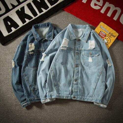 Spring autumn 2021 Hong Kong breeze rotten holes loose patch denim jacket mens fashion handsome trend wild couple jacket