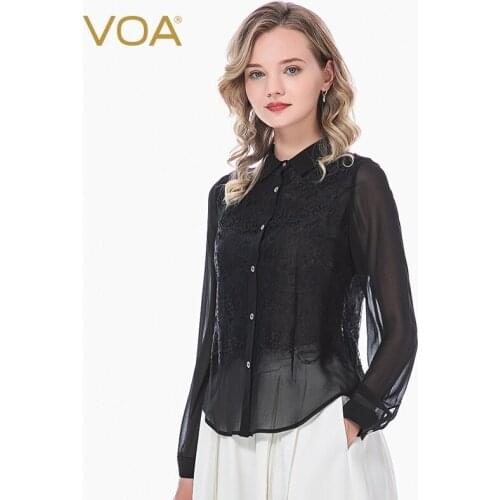 VOA Silk 12m/m Black Georgette Polo Collar Lace Stitching Single-breasted Penetration Female B4070 Shirts Harajuku woman tops