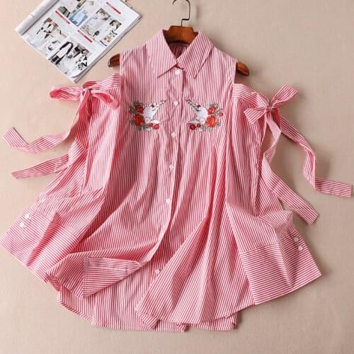 Japanese Shirts Stripped Print Off Shoulder Bows Floral Embroidery Female Casual Shirt Tops Harajuku Style Yukata Blouse CC381