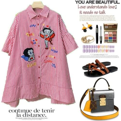 2021 Spring Summer Casual Women Loose Blouses Letters Cartoon Sequin Big Shirt Long Ladies Cotton White Maxi Blouses Tops NS617