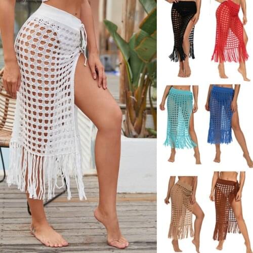Vamos Todos 2021 Summer Hollow Out Beach Cover Up Split Tassels Crochet Skirt See Through Women Dress Beach Coverups For Women