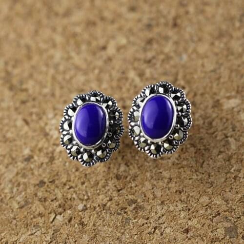 Natural Gemstone Lapis 100% 925 Sterling Silver Earrings For Women Vintage Style Fashion Party Elegant Stud Earrings Jewelry