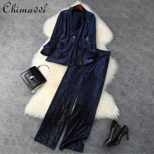 2021 Autumn Winter Womens Clothing New Fashion Lamp Wick Ridge Bright Silk Blazer High-waist Wide Leg Pants Business Outfit