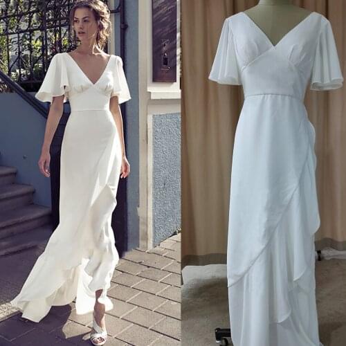 #10133 Flare Sleeve V-Neck Bohemian Backless Soft Satin destination Sheath Bridal Gown Simple plus size Mermaid Wedding Dress