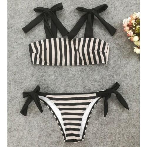 Women Push-up Bikini 2019 Striped Bandage Sexy Padded Bandage Swimsuit Bandeau Lace Up Swimwear Bathing Suit High Waist