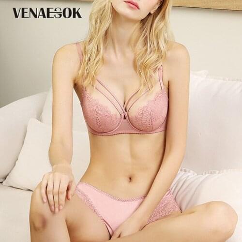 2020 Black Bra Transparent Lace Fashion Brassiere Deep V Sexy Underwear Women Bra and Panties Sets Embroidery Lingerie Set Pink