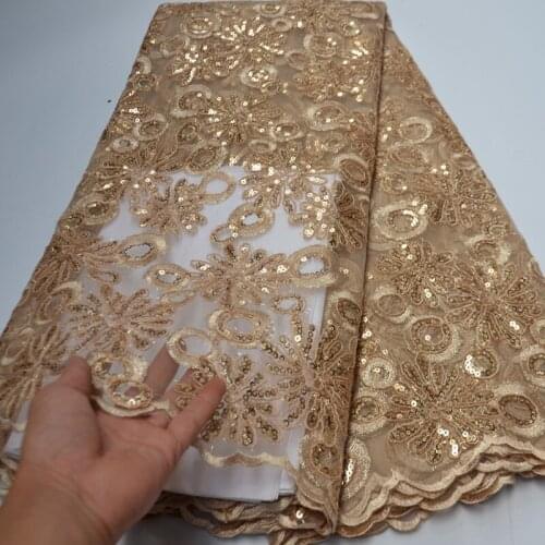 5yards/pc) High quality gold African French net lace fabric with wonderful embroidery and sequins for party dress FLP251