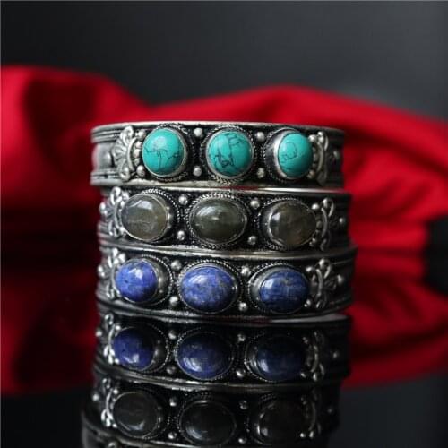 BB-256 Tibetan Antiqued Bangles Copper Inlay Labradorite Lapis Lazuli Tiger Eye Turquoises Open Cuff Multi Colors