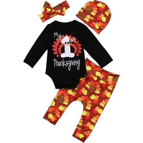 Newborn Kids Thanksgiving Baby Boy Girl Clothes Hat Bodysuit 3PCS Outfit Set Size 0-24M