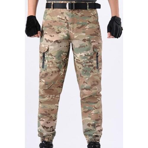Multi Pockets Training Slacks Deep Crotch Camouflage Print Ankle Tied High Waist Men Cargo Pants for Outdoor Sports