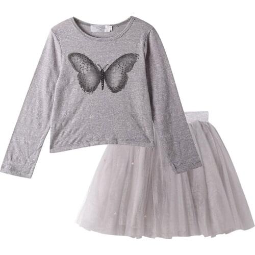 2021 Fall New Dress Set for Girl Grey Tulle Layered Long Sleeve Butterfly Princess Children Clothing Size 3 5 7 Years Old