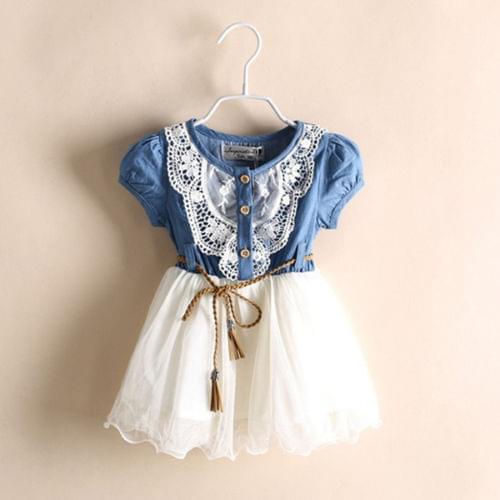 Summer 2016 Children Princess Baby Girls Party Lace Flower Tulle Denim Patchwork Dress Casual Dresses