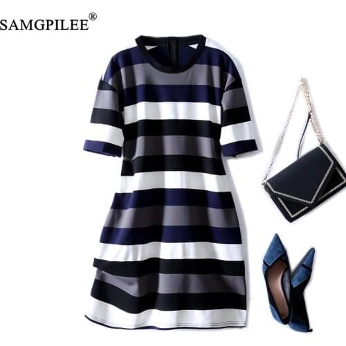 Elegant Dresses For Women 2021 New Korean Style Wide Striped Block Zipper Stretch Comfortable O Neck Short Sleeved Casual Dress