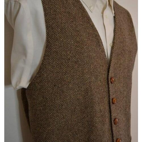 Brown tweed Vests Wool Herringbone British style custom made Mens vest slim fit Blazer rustic wedding groomsmen suits for men