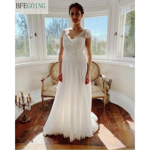 Ivory Lace Chiffon Cap Sleeves Floor-Length A-Line Wedding Dresses Chapel Train Backless Bridal Gowns Custom Made
