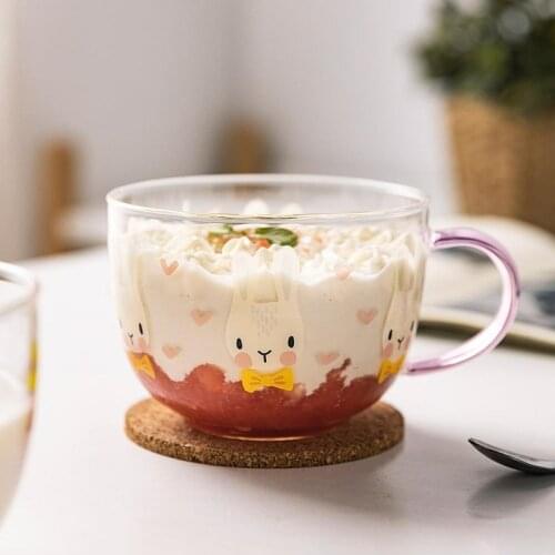 509ml With Handle Glass Mug Breakfast Milk Cup Cute Lady Child Water Office Home Coffee Mug Rabbit Apple Cherry Bear Pattern