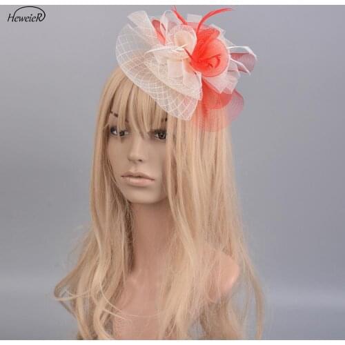Handmade Lady Women Bridal Feather Fascinator Derby Red+Ivory Hat Clip Wedding Races Ascot Cocktail Party Hair Jewelry Band Headdress