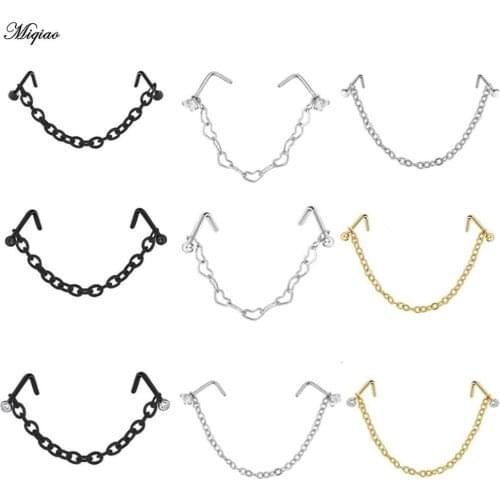 Miqiao 1pc Double Nose Piercing Chain Stainless Steel Nose Stud Decoration Earring Piercing Nariz Pircing Septum Nose Piercing