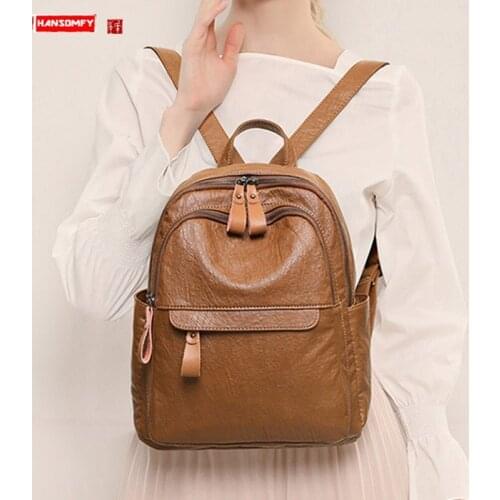 Fashion Anti-theft Backpack Women Wild Korean Version Retro Soft Leather Large Capacity Travel Backpacks Student School Bag