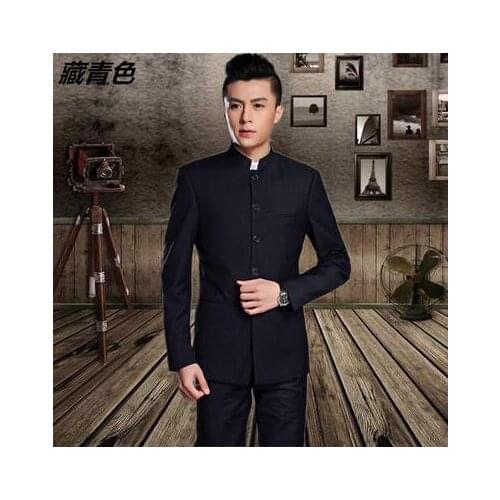 Men Chinese tunic suit set with pants mens casual suits stand collar Chinese style slim formal dress mens groom suit black grey