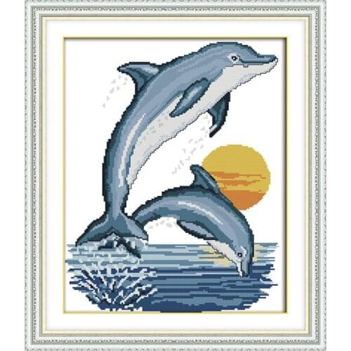 Joy Sunday Two Little Dolphins Cross Stitch Kits Needle Crafts 11 14CT Needlework Sets For Embroidery Kits DMC Cross Stitch Hot
