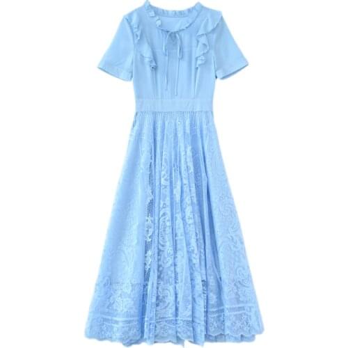 LUKAXSIKAX 2021 New Summer Women Short Sleeve Dress Sweet Ruffles Vintage Lace Big Hem Chiffon Patchwork Slim Long Dress