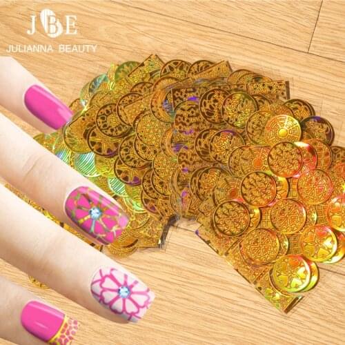 New 24 Sheets/Pack Round Laser Hollow 3D Nail Stickers Stencils,French Style Nail Art Creative Hollow Golden Template Design