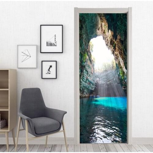 Cave Scenery Door Sticker Self Adhesive Vinyl Porta Cover 3D Wall Sticker Waterproof Natural Scenery DIY Home Decor Decal Mural