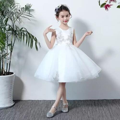 Flower Girl Dresses Illusion Sleeveless Sequined Embroidery Crystal O-Neck Tulle Lace Princess Knee-Length Kids Party Gown H554