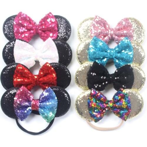 Hair Bow Minnie Mickey Mouse Ears Headband Sequin Elastic Rope Handmade Hair Band for Girls Birthday Party Hair Accessories