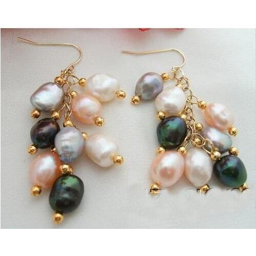 New Arrival Favorite Pearl Earrings 4-11mm Multicolor Rice Baroque Genuine Freshwater Pearls Gold Plated Hook Dangle Earring