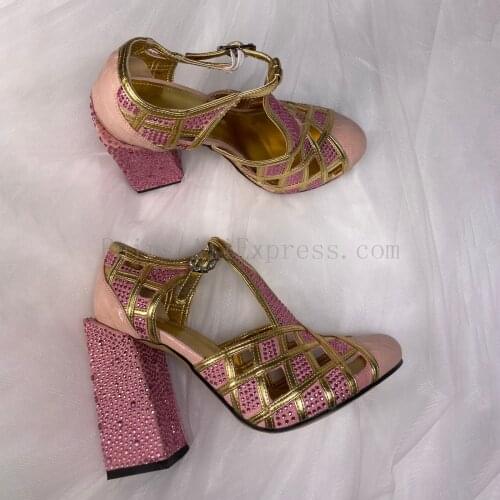 Luxury Crystal Block Heel Dress Shoes Women High Heels Pink Leather Gold Round Toe Rhinestone Pumps Female Sandals Plus Size 43