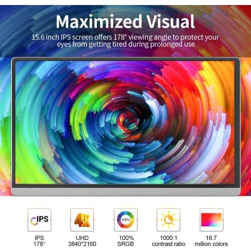 K Resolution IPS Panel Support Screen T-bao T15-4K 15.6'' Portable Monitor with 4Expansion for Switch/PS4/PC/Laptop EU/US Plug