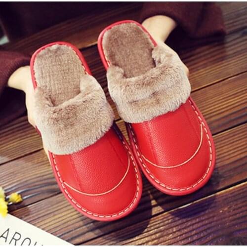 Women Couples Slippers PU Waterproof Winter Home Floor Slipper Flats Bedroom Ladies Shoes Warm Plush Indoor Men Slippers 2021
