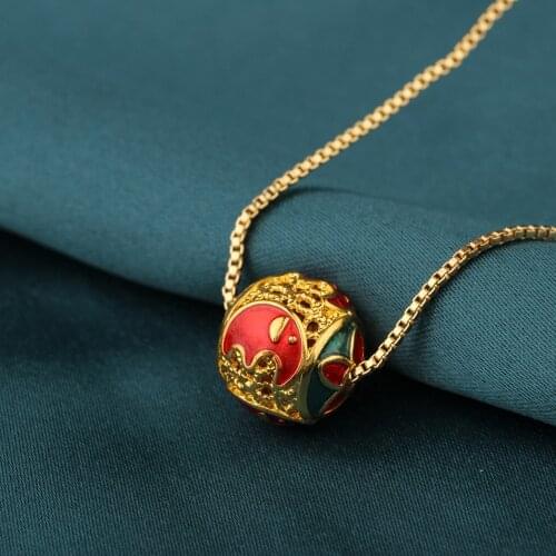 Ethnic Delicate cloisonne Red moon necklace,vintage Red ball Chokers necklace,Chains pendants Necklace for womens