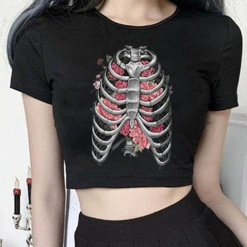 Y2k Gothic Skeleton Printing T Shirts Women Casual Harajuku Sexy Black Summer Tee Short Sleeve Girl T-shirt Cropped Tops Clothes