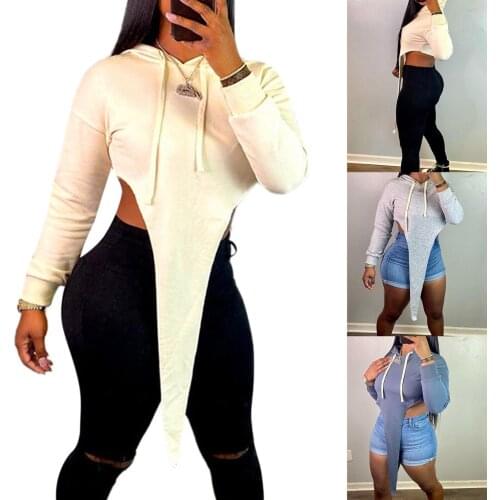 Women Irregular Hem Hoodie, Solid Color Long Sleeve Hooded Tops, Light Grey/ Dusty Blue/ Beige