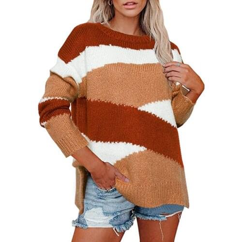 Women Autumn Long Sleeve O-Neck Sweater Color Block Geometric Cross Striped Tunic Tops Side Split Casual Loose Pullover Jumper S